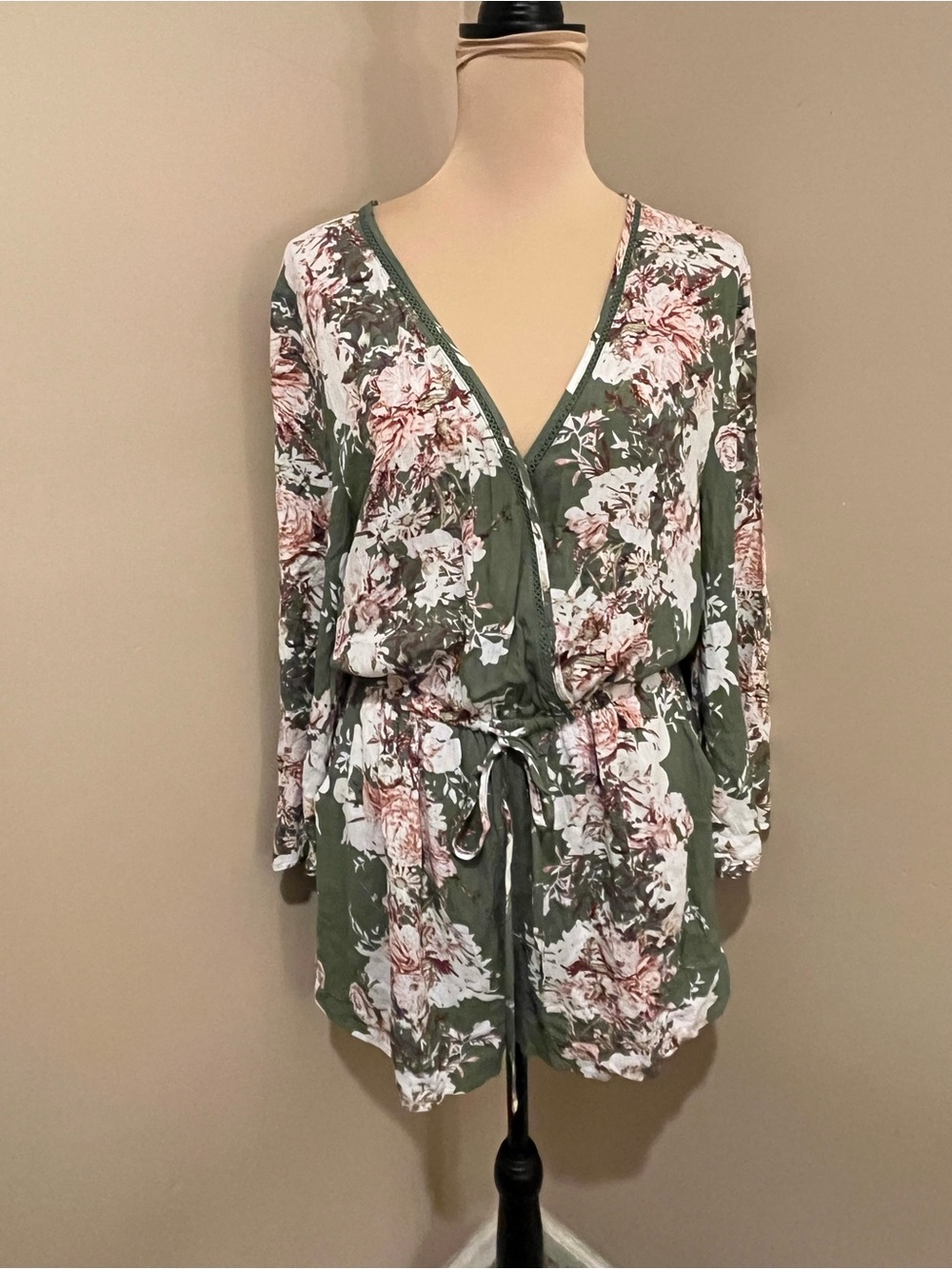 Love Riche Olive Floral Wrap Romper Pink & White Blooms Cottagecore, Boho, Large
